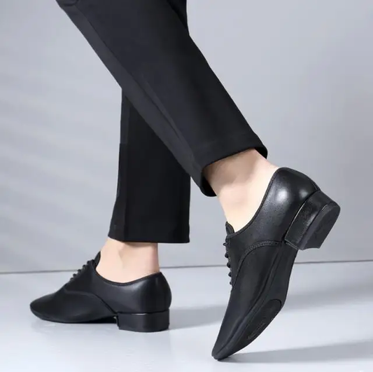 Men's Latin & Ballroom Dance Shoes | Black PU Leather with Suede Sole | Practice Shoes for Salsa & Tango